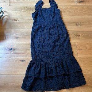 Banana Republic navy eyelet sundress, grosgrain waistband 28”,  2 layer frill.
